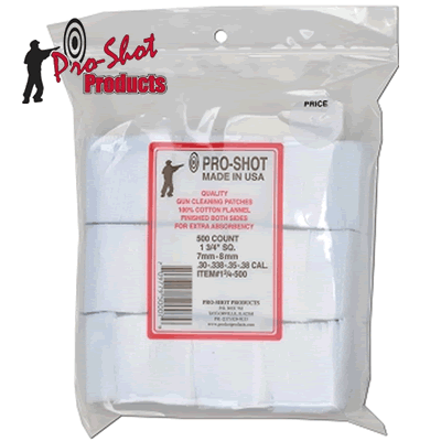 Pro Shot - 1 3/4" Square Flannel Patches 7mm - 8mm .30 - .338 - .35 - .38 Cal (Pack of 500)