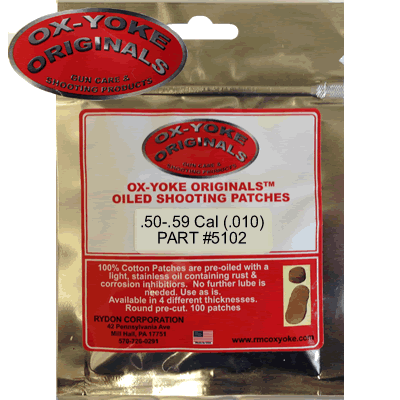 Ox-Yoke Originals - Oiled Shooting Patches .50-.59Cal .010 Thick (Pack of 100)