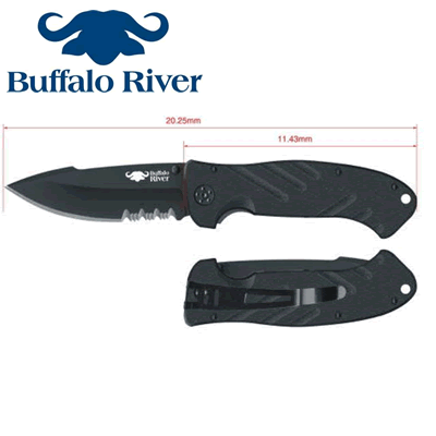 Buffalo River - Maxim Folder Knife 4.5inch Utility Half Serated Black Blade and Clip